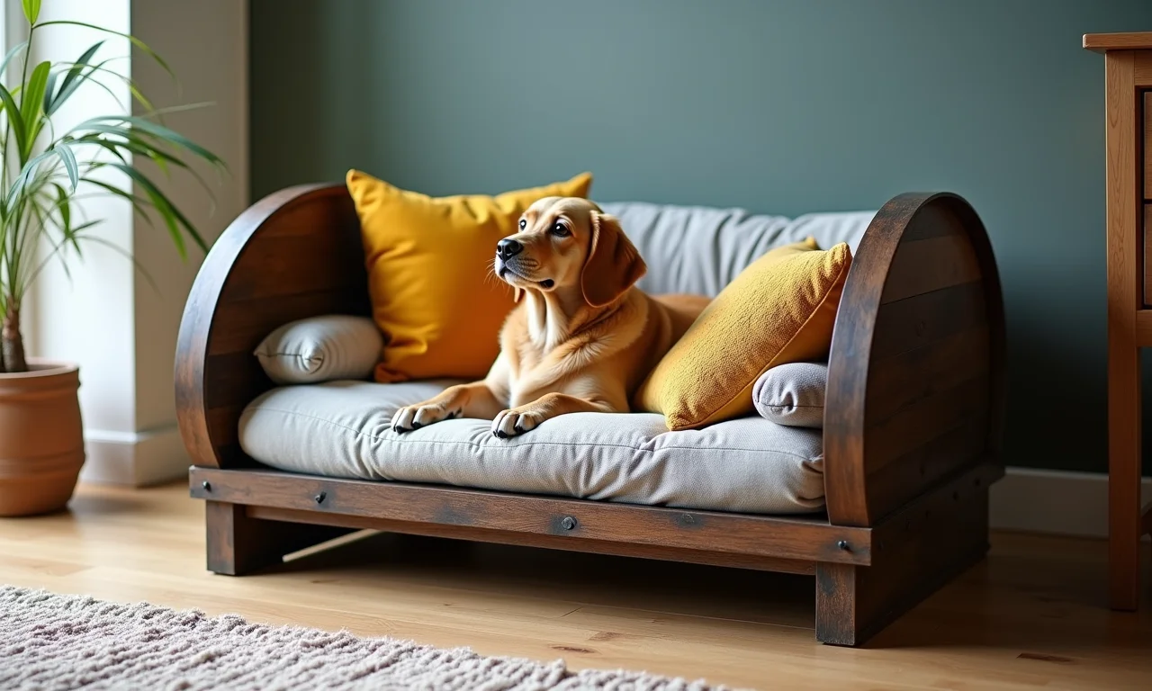 Cama para pets feita de carretel de fio com tecidos e almofadas macias.