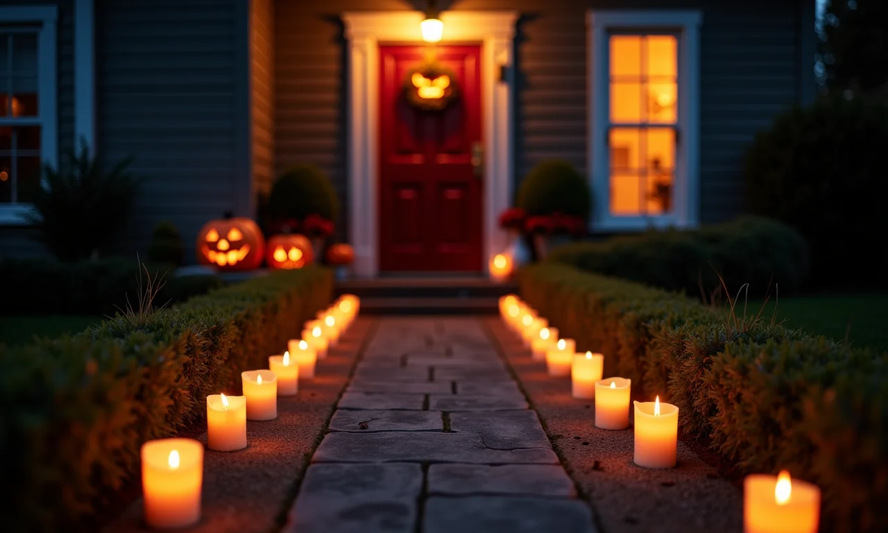 Caminho de velas assustador para a porta de entrada.