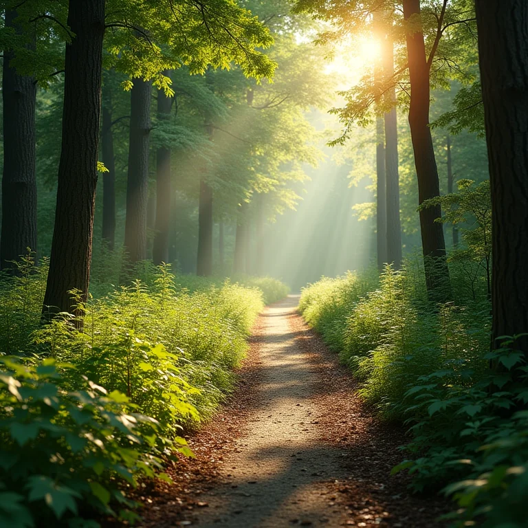 Caminho sinuoso na floresta com marcadores e pistas escondidas.