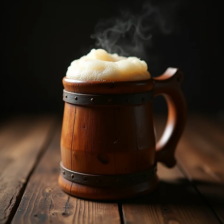 Caneca de madeira cheia de grogue, a bebida preferida dos piratas.