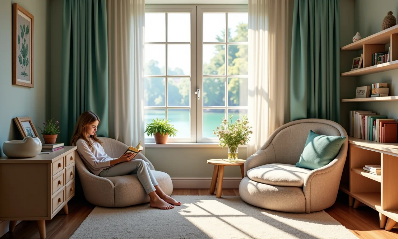 Cantinho da leitura aconchegante em quarto de menina com tema de sereia.