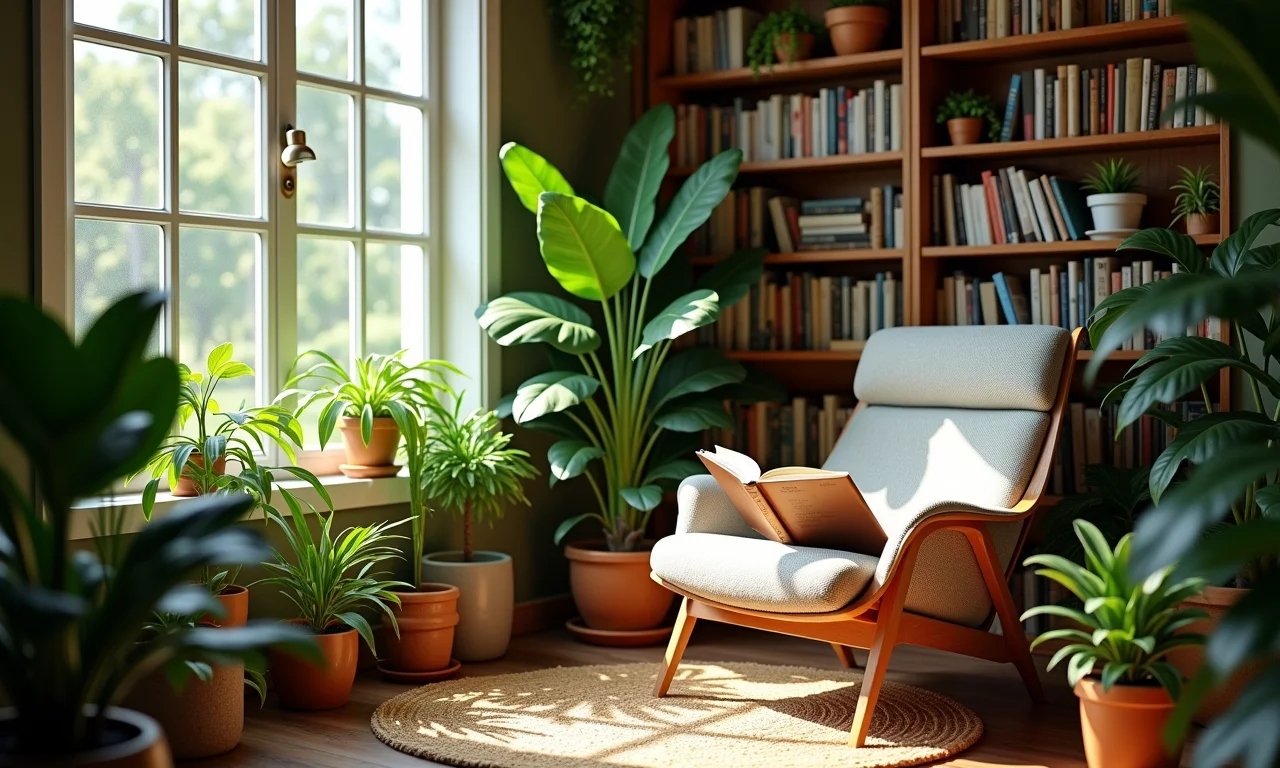 Cantinho da leitura com tema de selva, poltrona confortável e plantas.