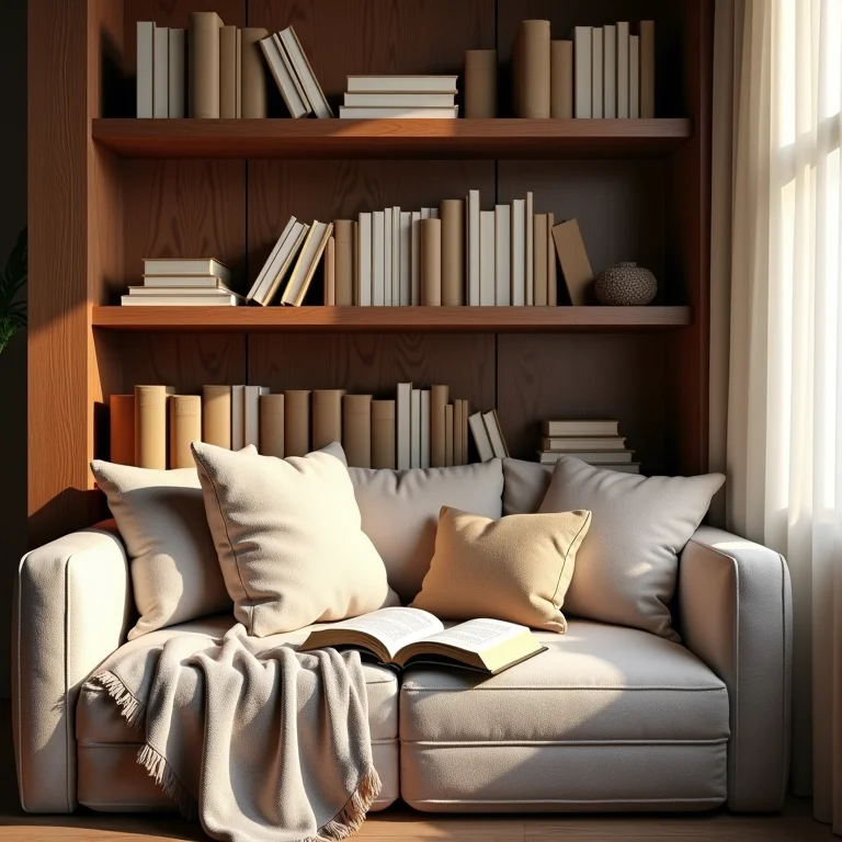 Cantinho de leitura aconchegante com almofadas e livros