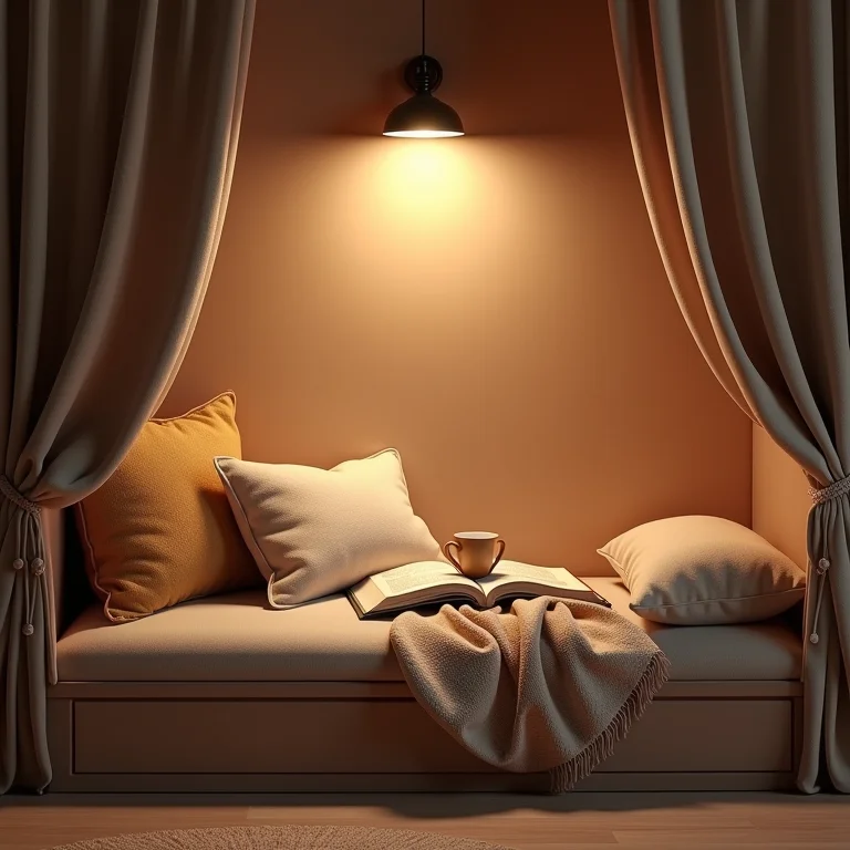 Cantinho de leitura aconchegante com iluminação suave e detalhes acolhedores