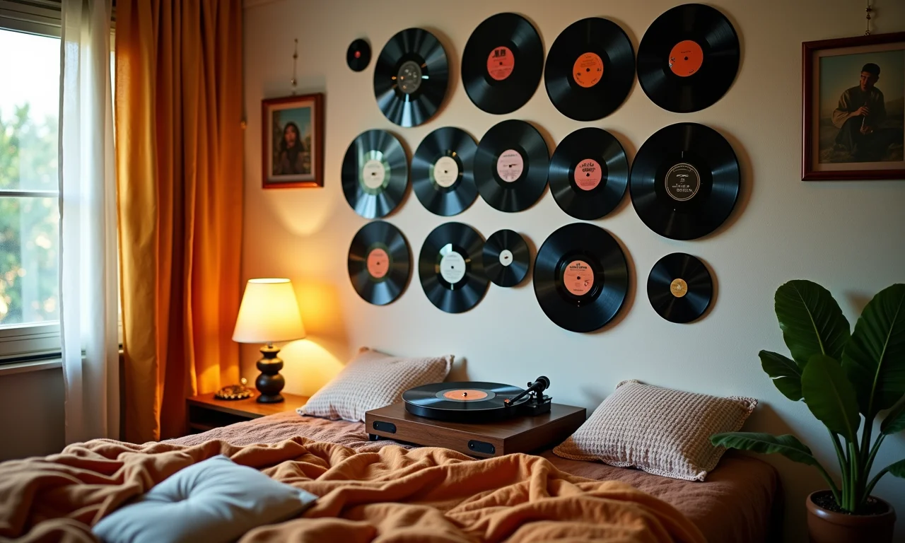 Cantinho musical no quarto com toca-discos e parede decorada.