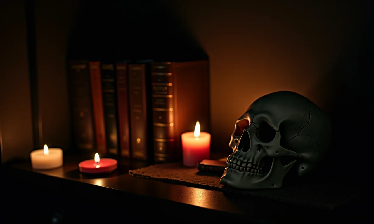 Cantinho sombrio com velas e livros antigos.