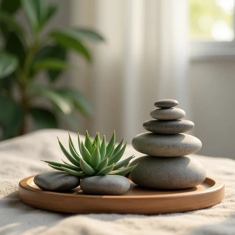 Cantinho zen com pedras e suculentas.