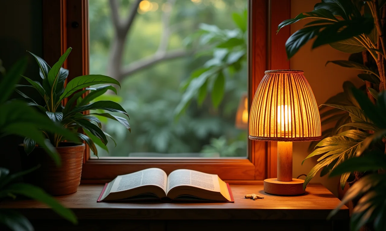 Canto de leitura aconchegante com iluminação quente de uma luminária de bambu.