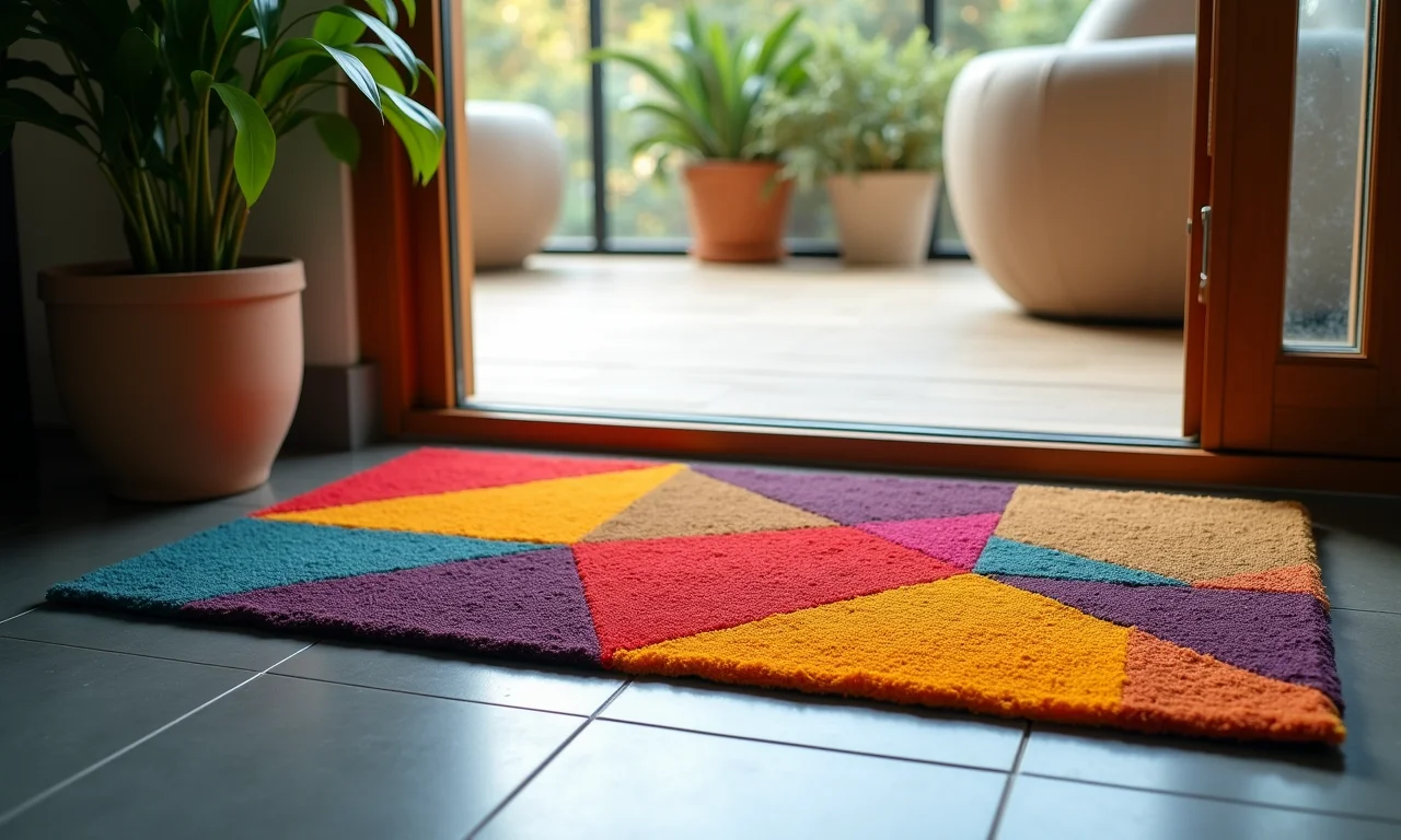 Capacho com desenhos geométricos em cores vibrantes.