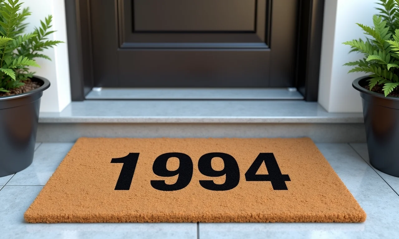 Capacho com números da casa em fonte clara e elegante.