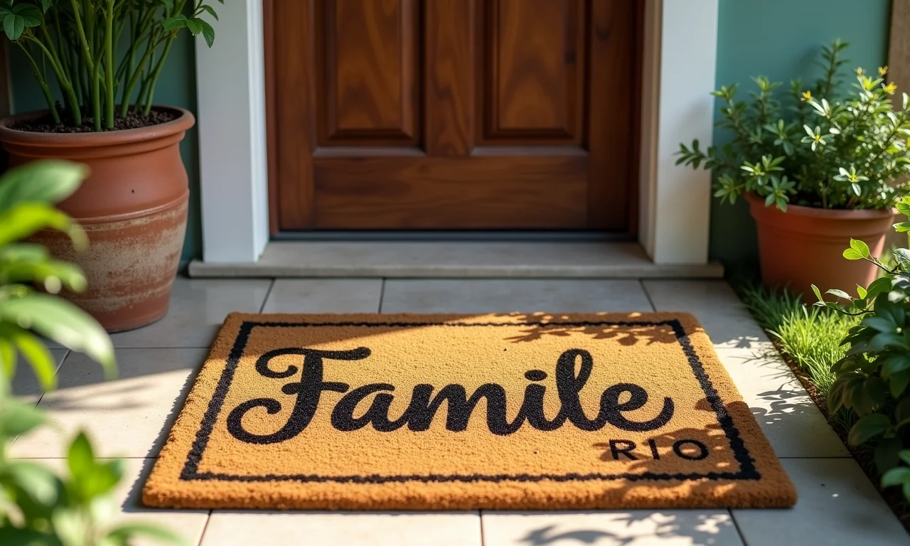 Capacho com o nome da família em fonte elegante.