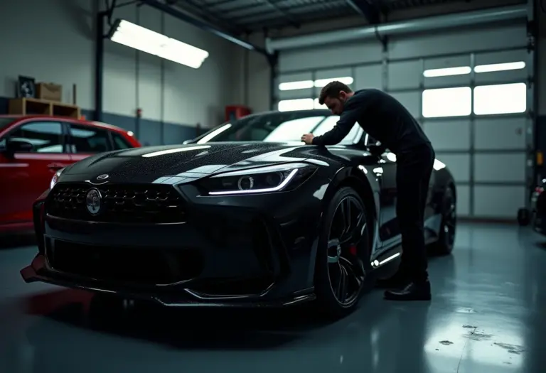 Carro preto sendo detalhado em garagem profissional