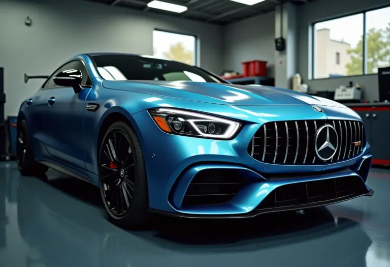 Carro sendo detalhado em uma garagem profissional