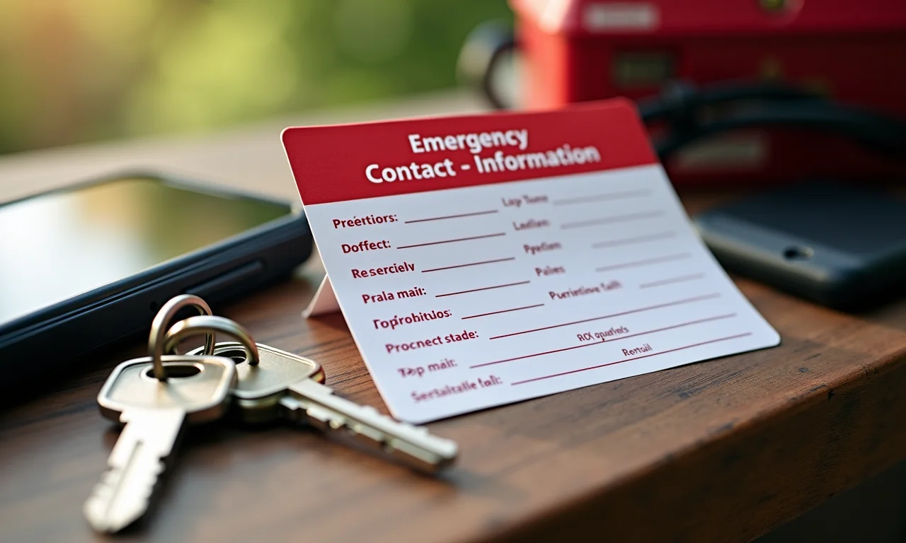 Cartão com informações de contato de emergência, com um telefone e chaves.
