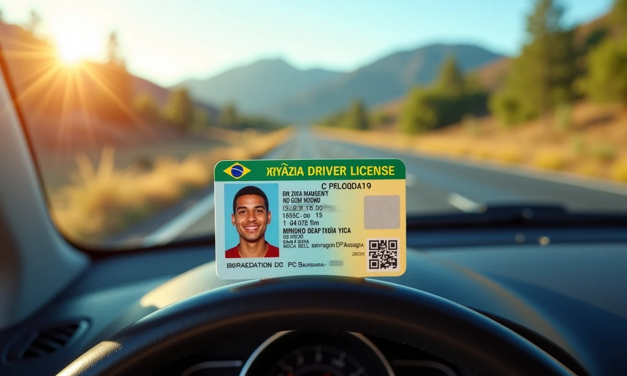 Carteira de Motorista (CNH) exibida no painel de um carro em um dia ensolarado.