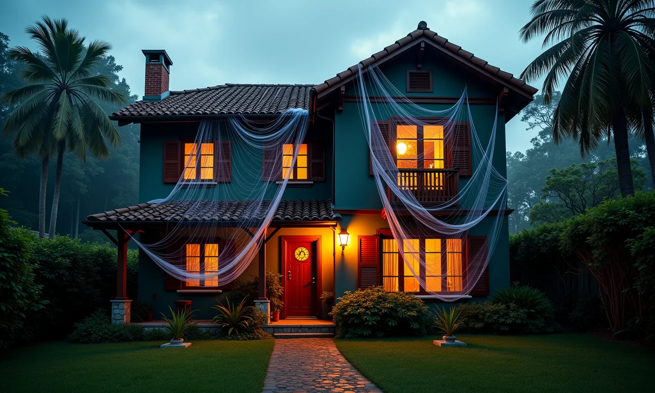 Casa brasileira decorada com teias de aranha para Halloween.