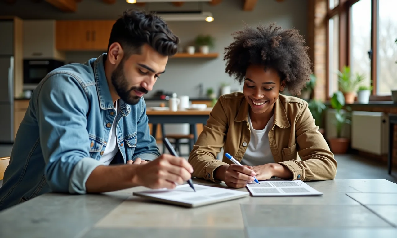 Casal escolhendo tipo de cimento queimado para o chão.