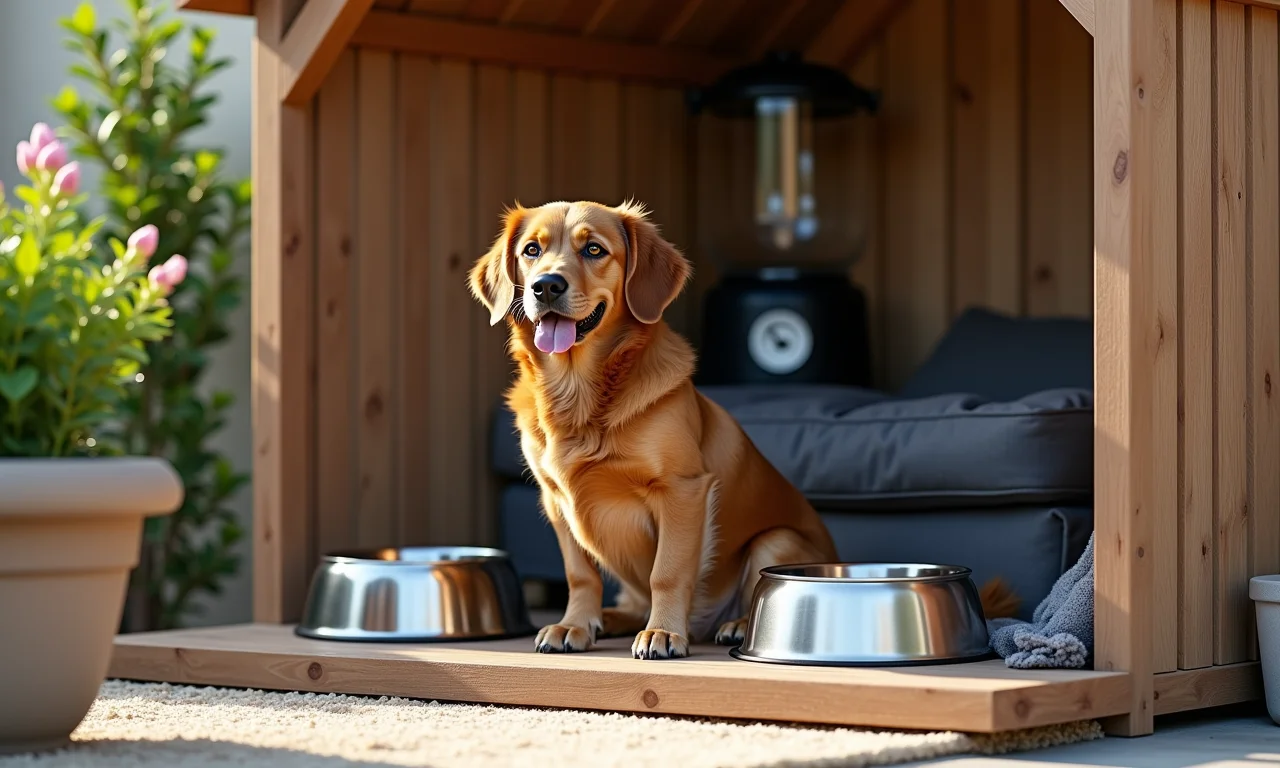 Casinha de cachorro com espaço gourmet para refeições.