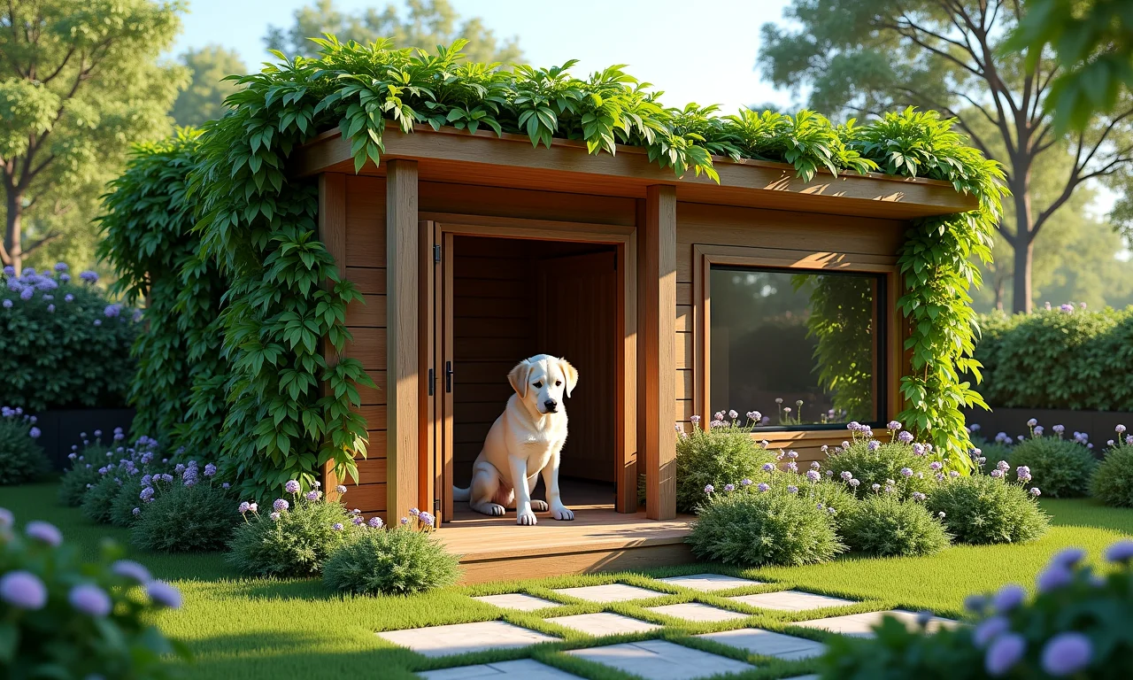 Casinha de cachorro com jardim vertical, plantas e flores.