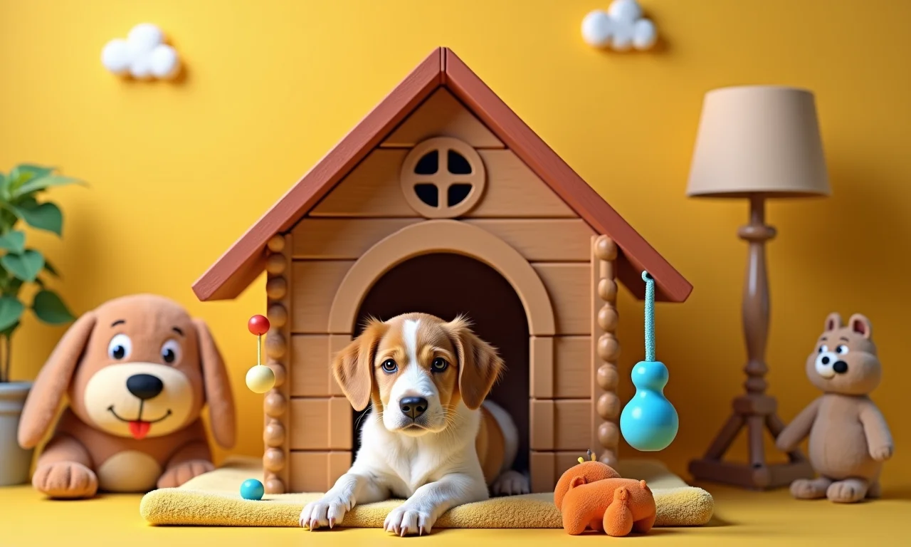 Casinha de cachorro com móbiles e brinquedos pendurados.