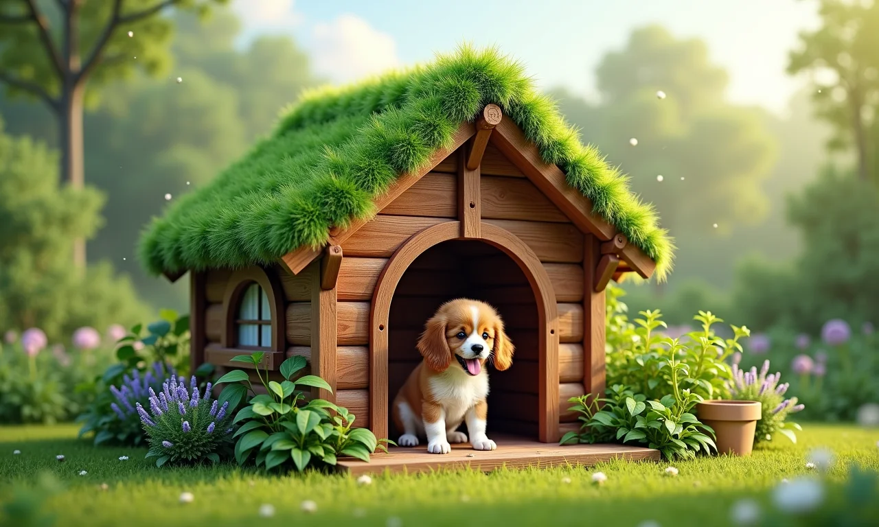 Casinha de cachorro com telhado verde e cobertura vegetal.