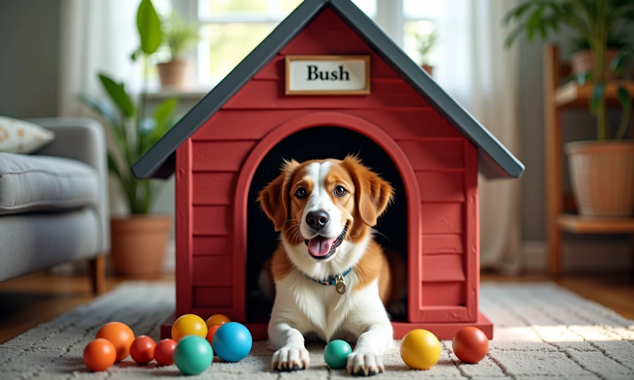 Casinha de cachorro personalizada com placa de nome e brinquedos coloridos.