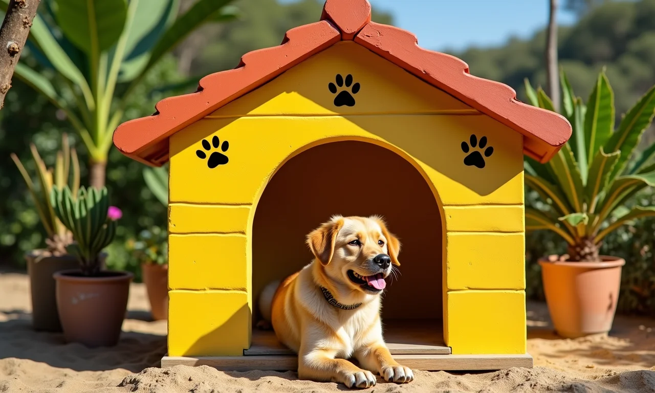 Casinha de cachorro pintada de amarelo alegre com detalhes de patinhas.