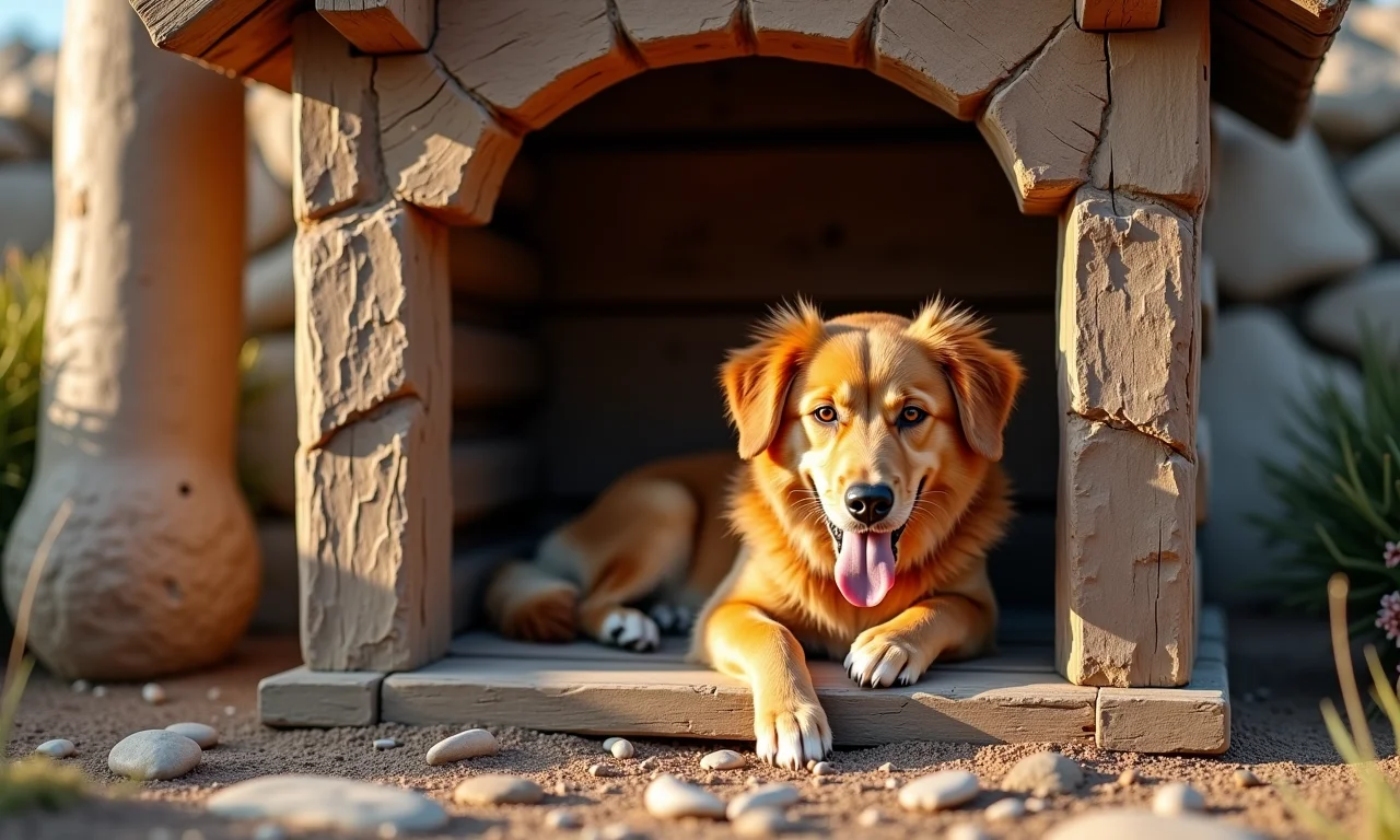 Casinha de cachorro rústica com detalhes em madeira e pedra.