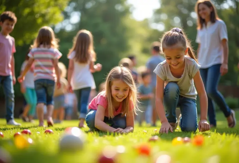 Cena ampla de uma caça ao tesouro animada em um quintal, com crianças e adultos procurando pistas.