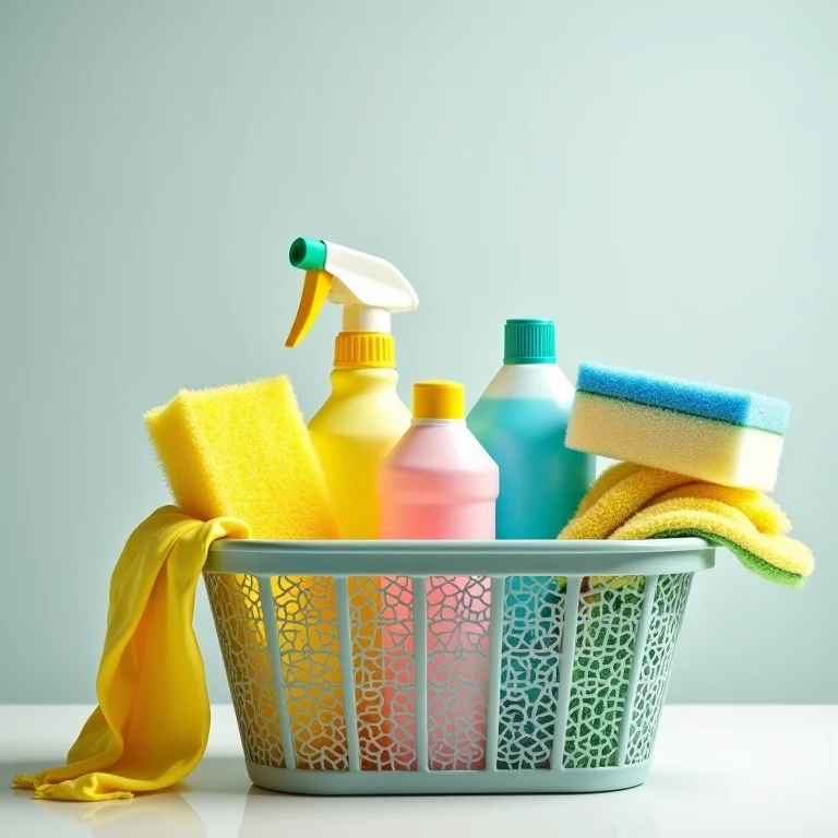 Cesta com diversos produtos de limpeza organizados.