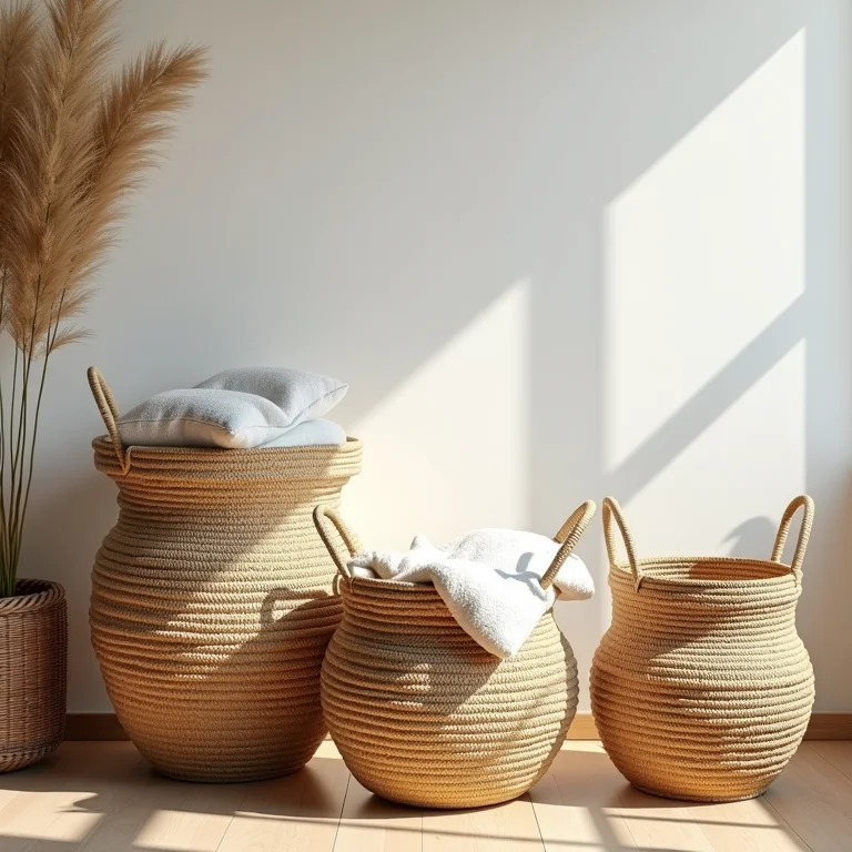Cestas de palha organizando mantas e almofadas.