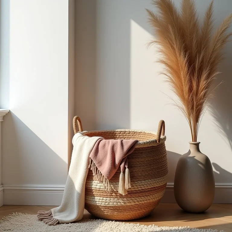 Cesto de mantas como elemento de decoração.