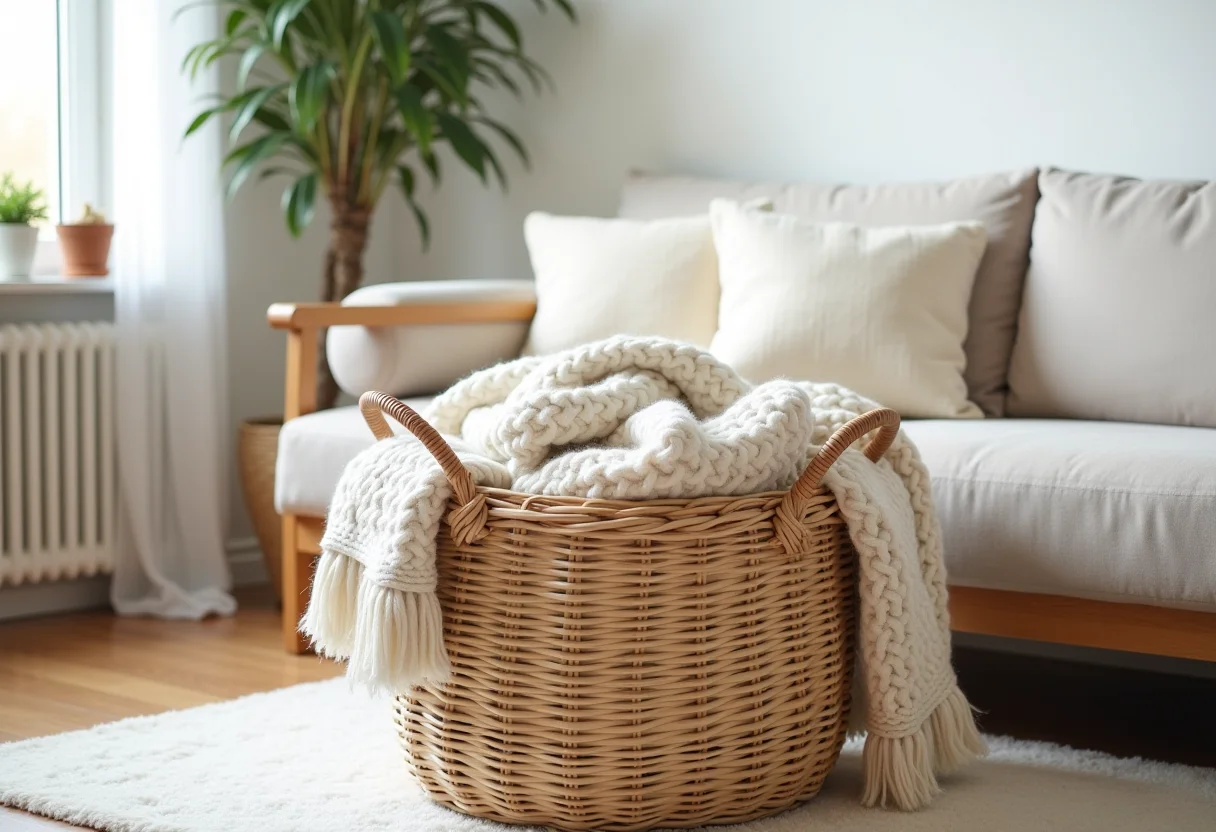 Cesto de mantas estiloso na sala de estar.