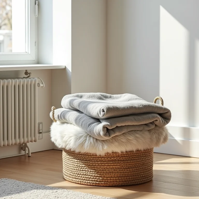 Cesto organizador de mantas na sala.