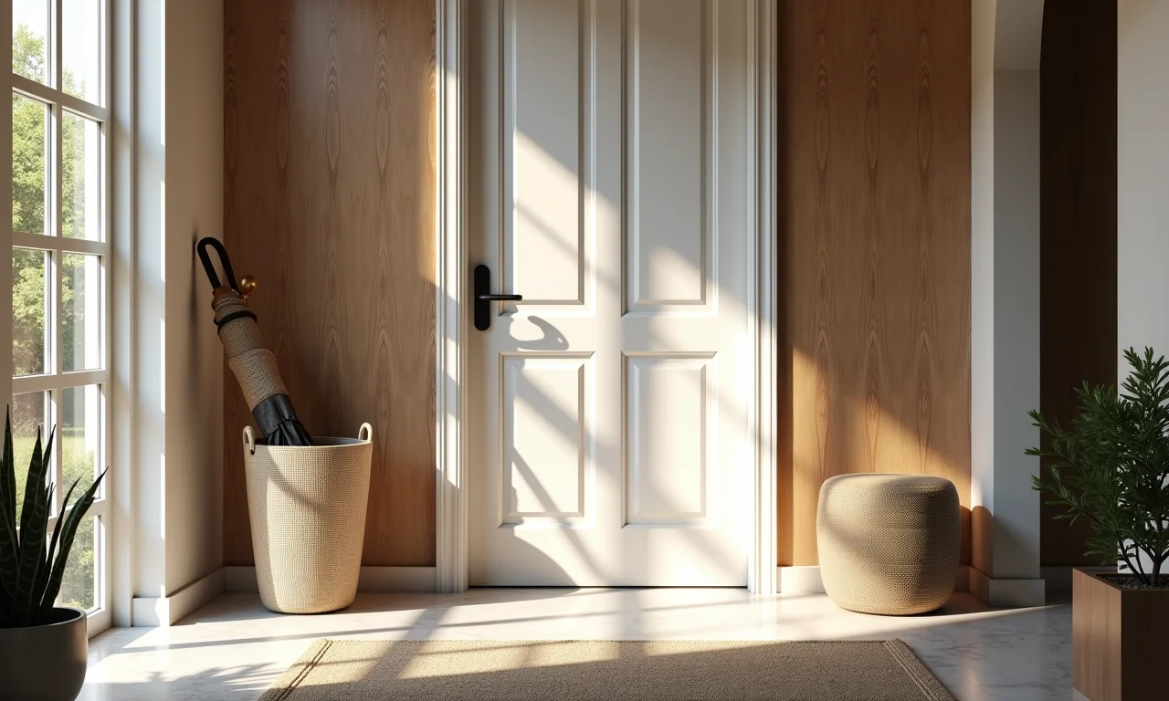 Cesto para guarda-chuvas na entrada da casa.