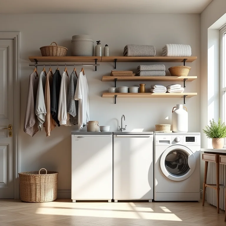 Cestos de roupa suja inteligentes em uma lavanderia organizada