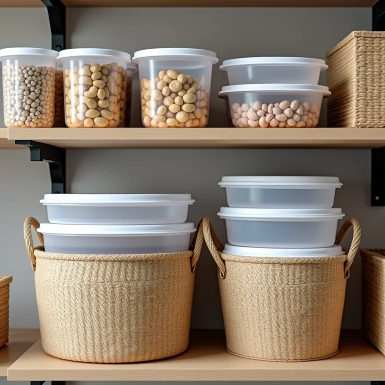 Cestos e caixas organizando potes e tampas em uma despensa