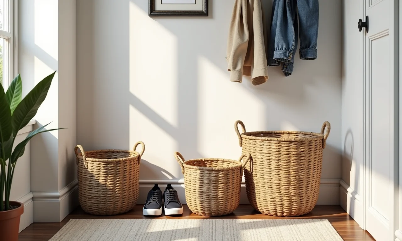 Cestos organizadores na entrada da casa.