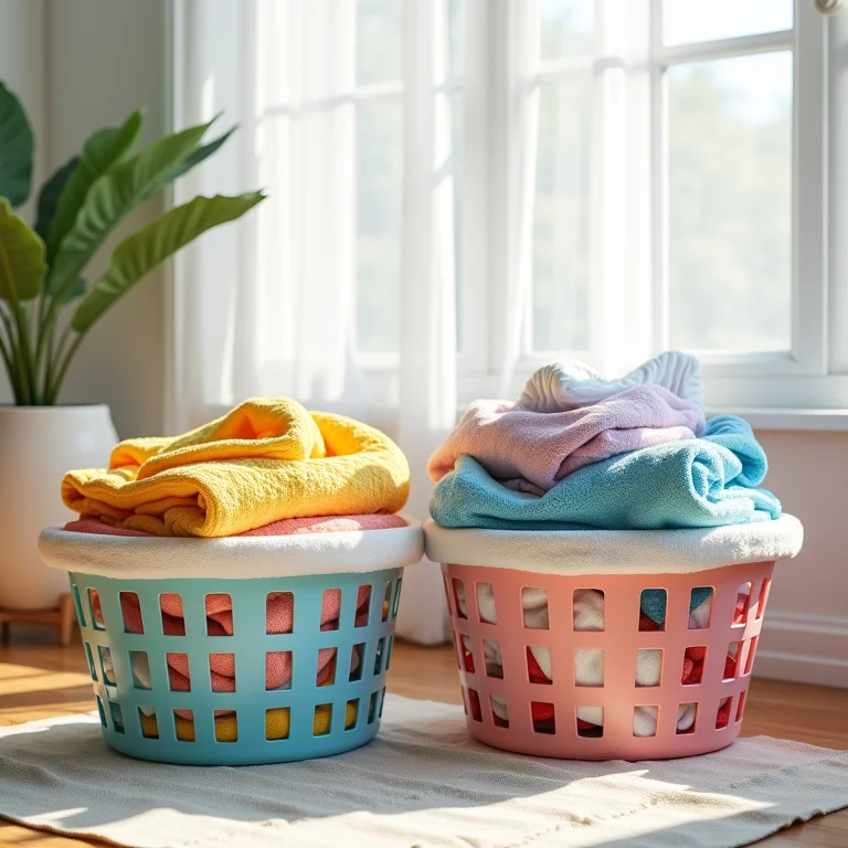 Cestos organizadores para roupas na lavanderia.
