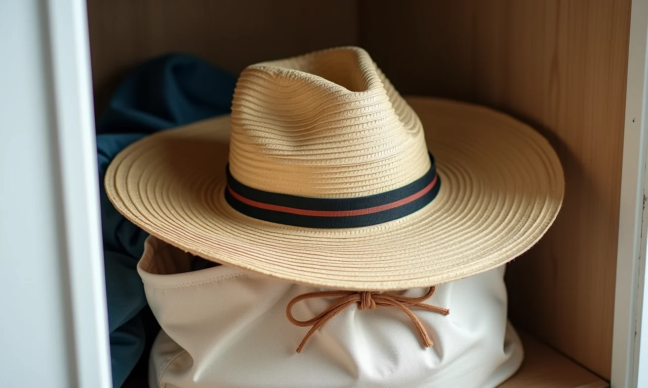 Chapéu de praia armazenado em saco de tecido respirável.