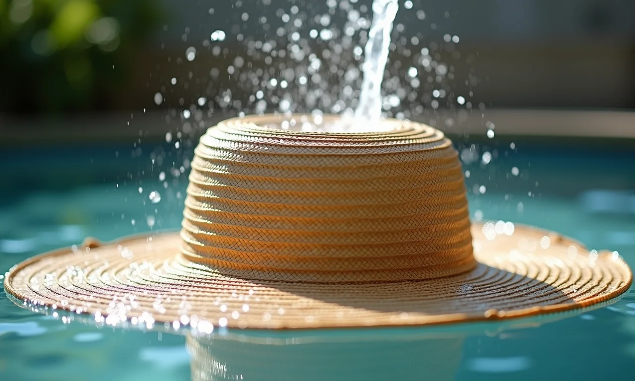Chapéu de praia de palha sendo enxaguado suavemente.
