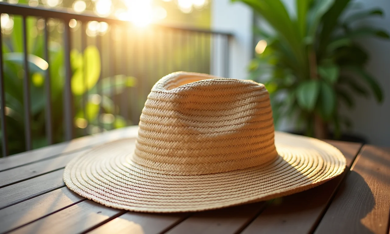 Chapéu de praia secando ao ar livre em uma varanda.