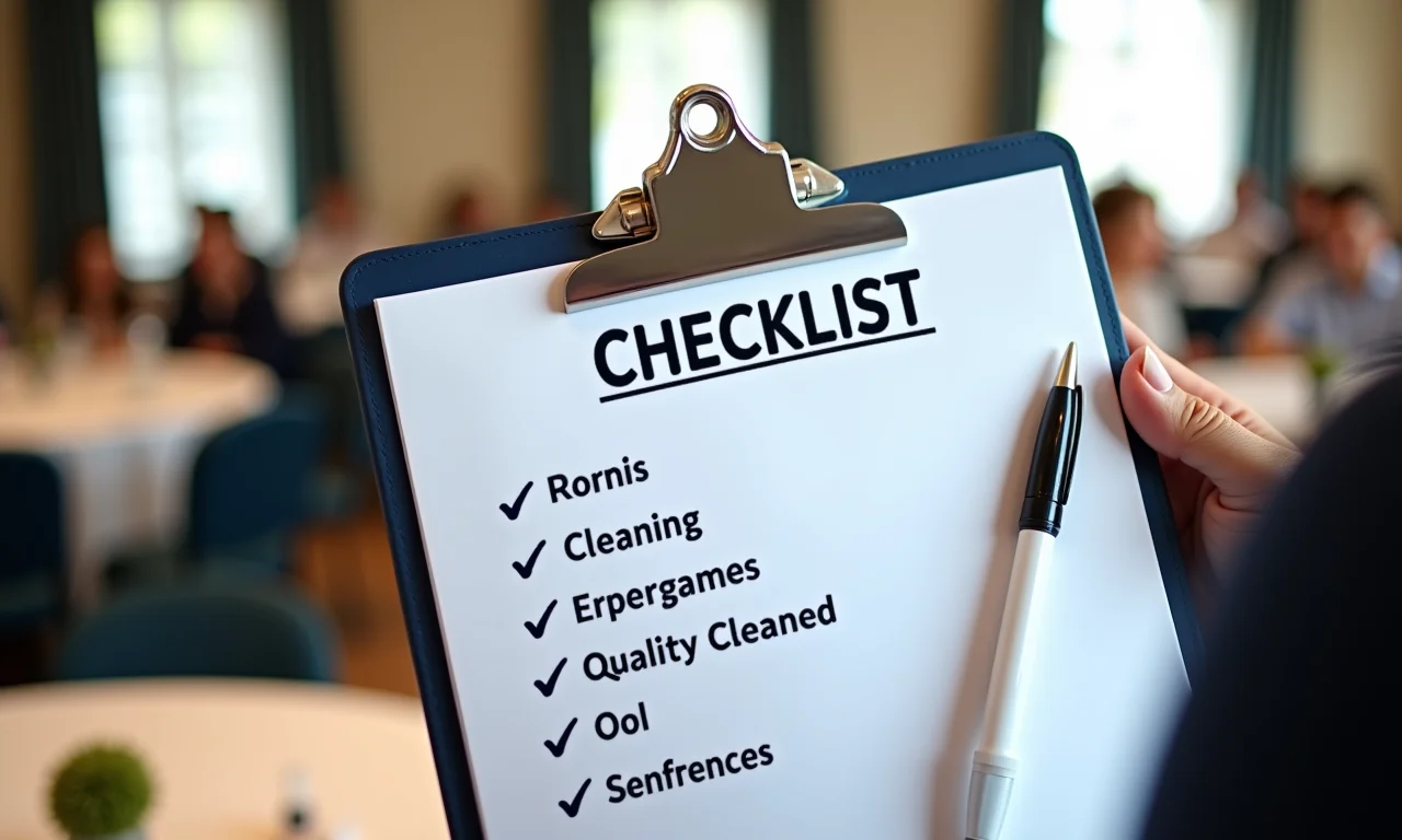 Checklist completo para limpeza de eventos, com local limpo ao fundo.