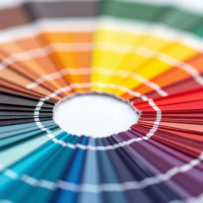 Círculo cromático com amostras de tinta