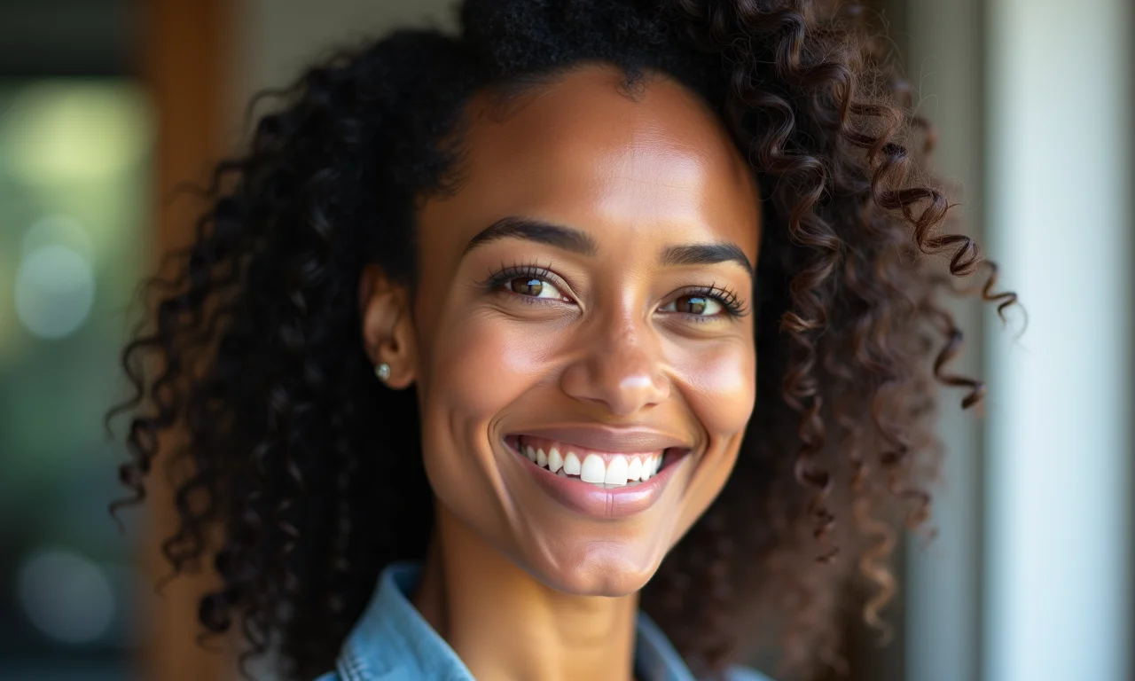 Close-up de foto de perfil profissional de uma mulher brasileira sorrindo.