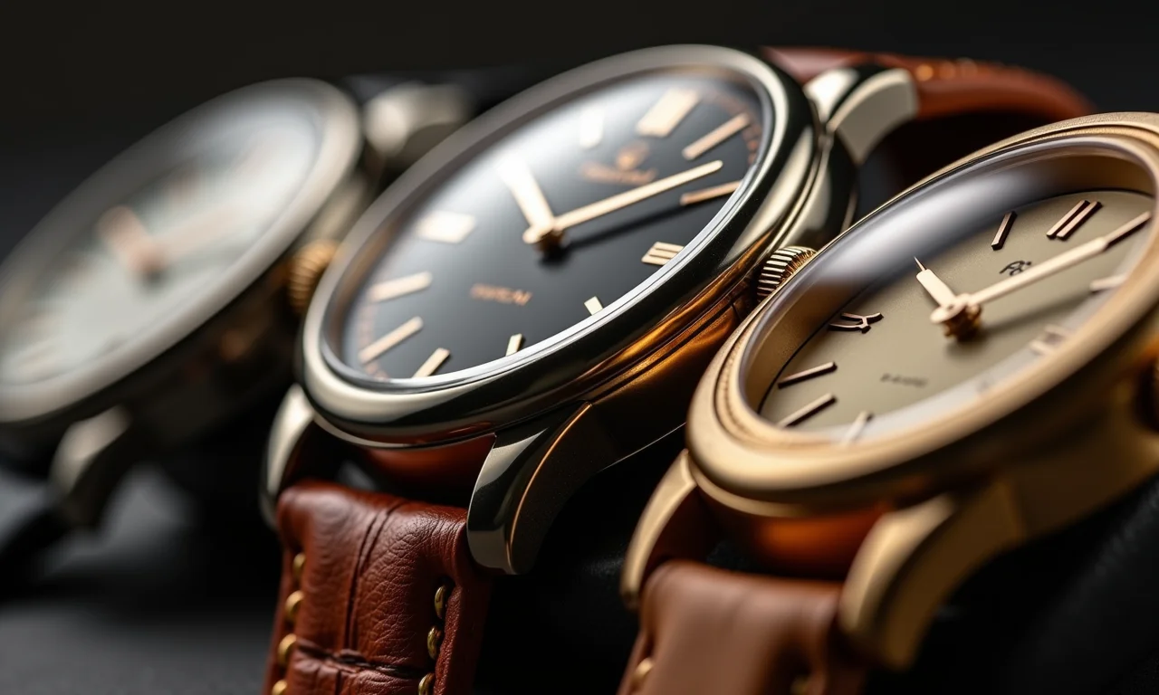 Close-up de materiais de relógio: aço, couro, ouro.