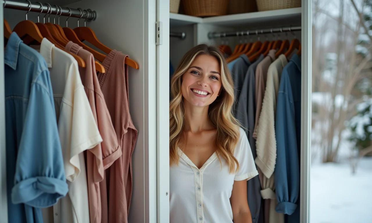 Closet aberto com roupas de verão organizadas e uma mulher sorrindo.