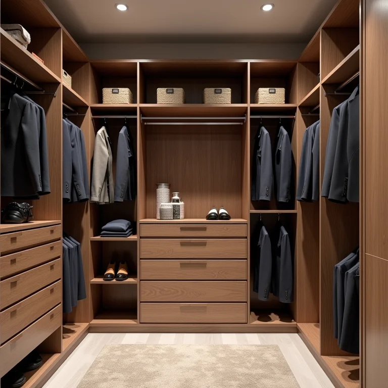 Closet organizado com prateleiras e compartimentos personalizados