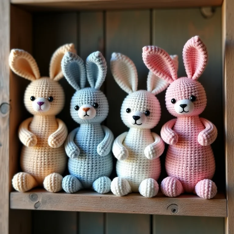 Coelhinhos de crochê coloridos em estante de madeira