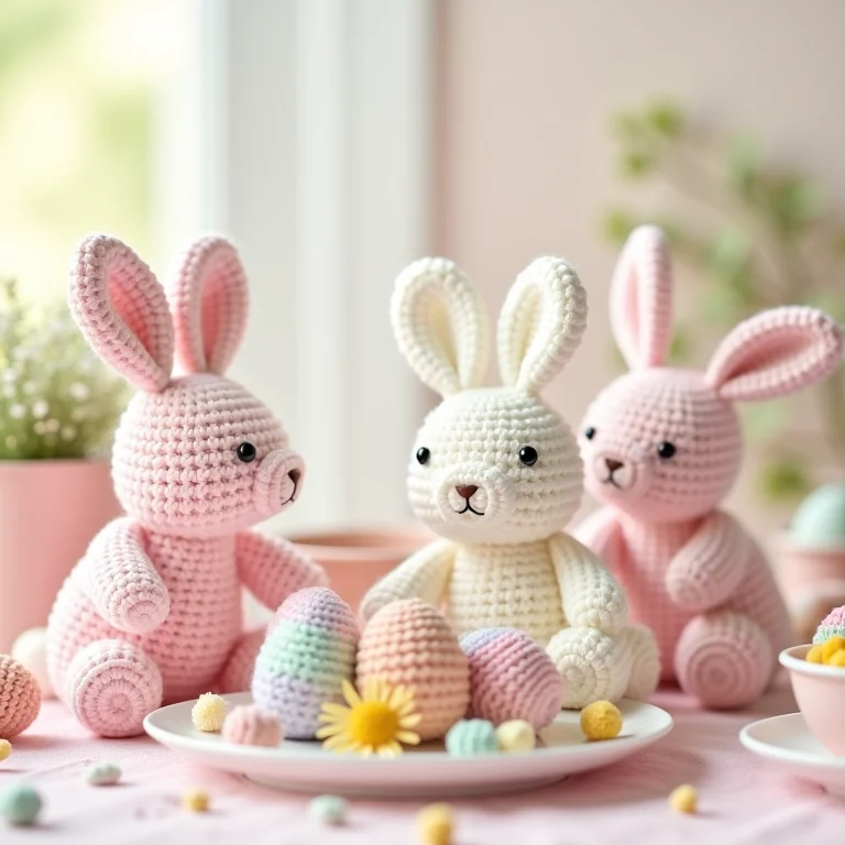 Coelhinhos de crochê decorando uma mesa de Páscoa.
